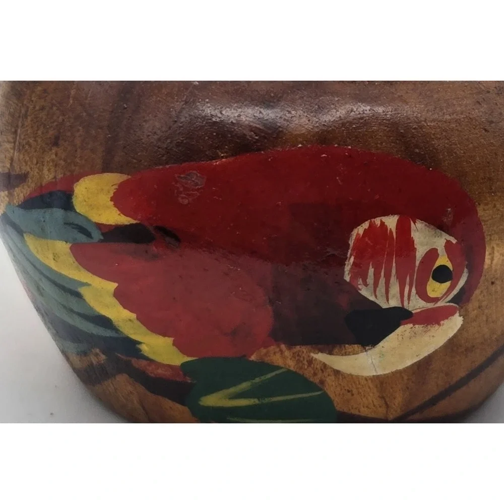 Hand Carved Wooden Trinket Jar Parrot Painted Colorful Lid Tropical Island Decor